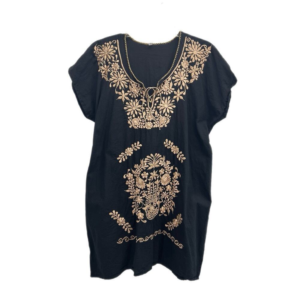 Mexican Vintage Hand Made Art Dress Large Floral Gold Embroidered